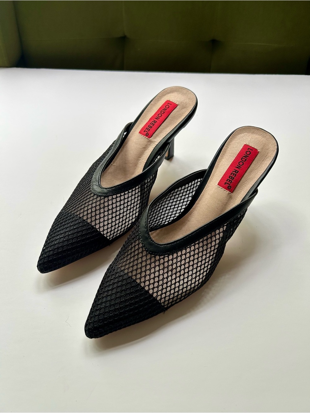 London Rebel Black Mesh Pointed Toe Mule Kitten Heels